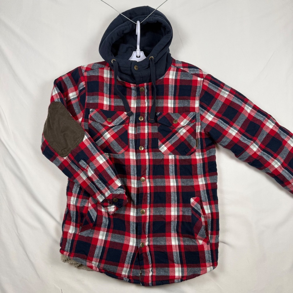 Legendary Whitetails Mens Plaid Sherpa Lined Hooded Flannel Shirt Jacket Red MD